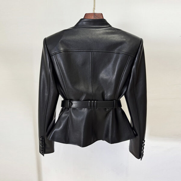 Black leather jacket with belt, back view.