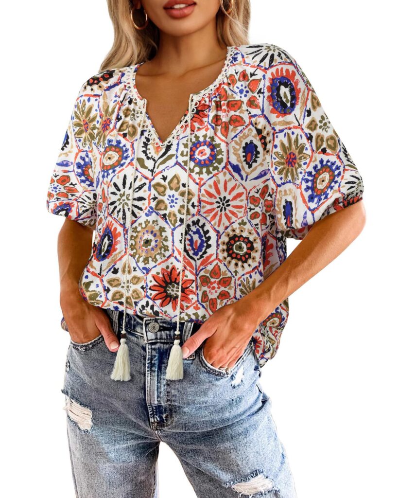 Bohemian Casual V-neck Short-sleeve Printed Blouse