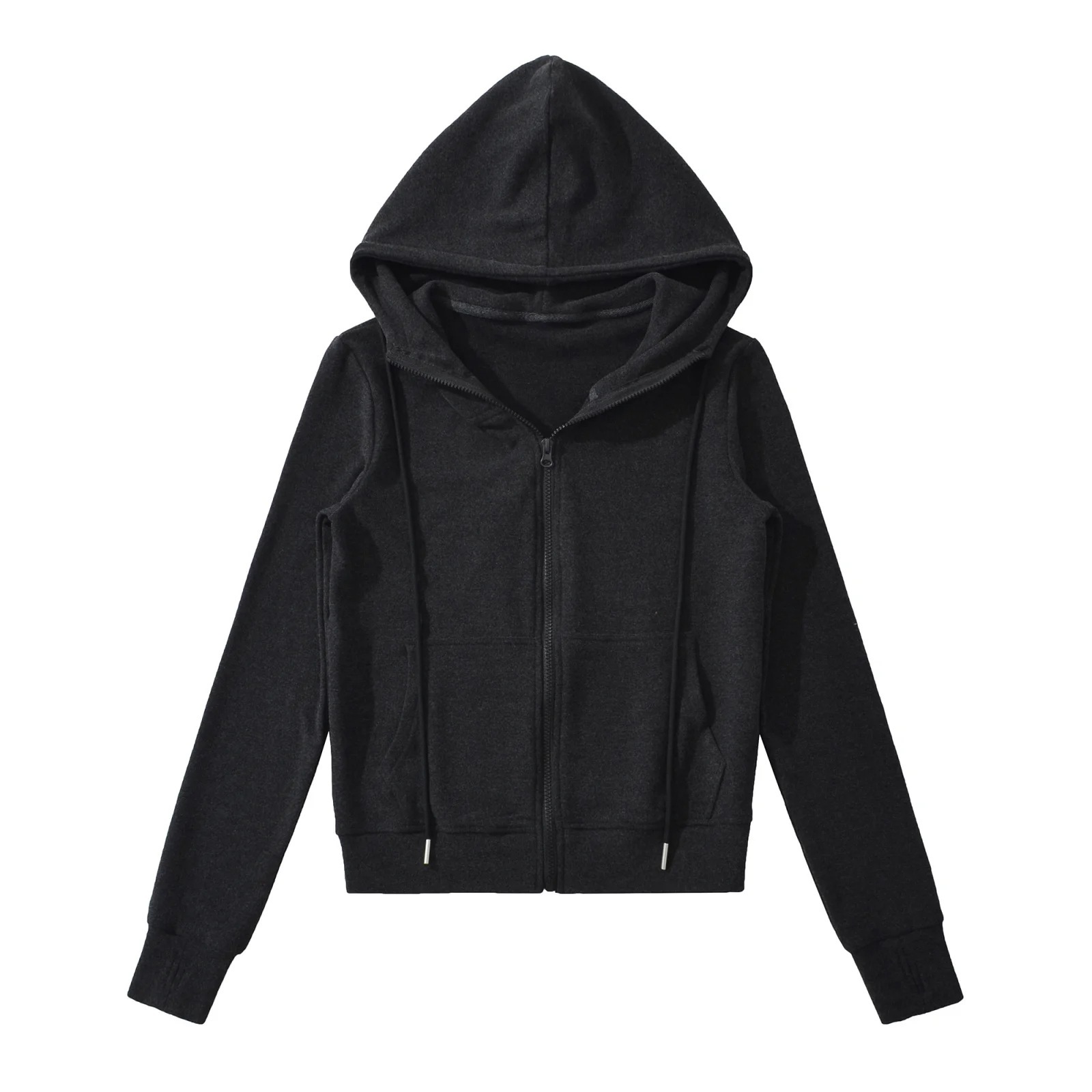 Black zip-up hoodie with hood.