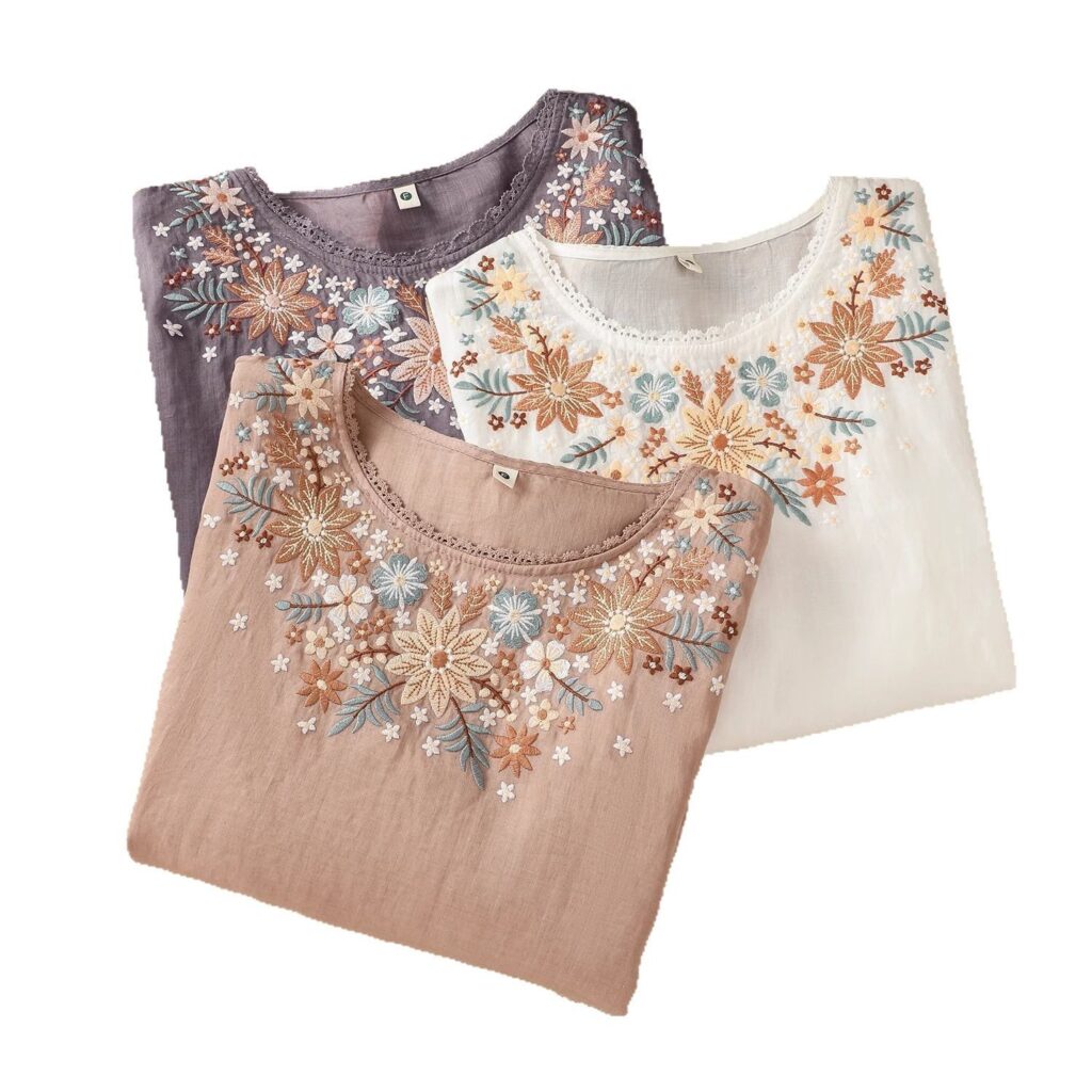 Three floral embroidered blouses, folded neatly.