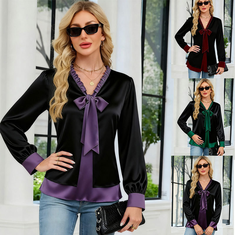 Woman modeling various satin blouses.