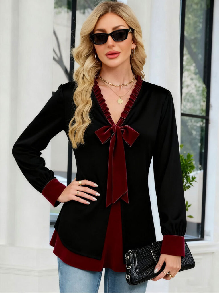 Woman in stylish black and red outfit.