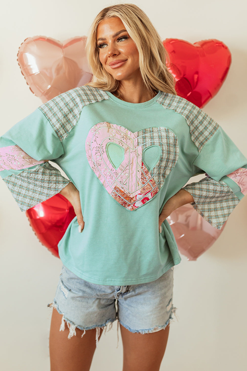 Valentine Heart Plaid Floral Patchwork Long Sleeve Top - Image 5