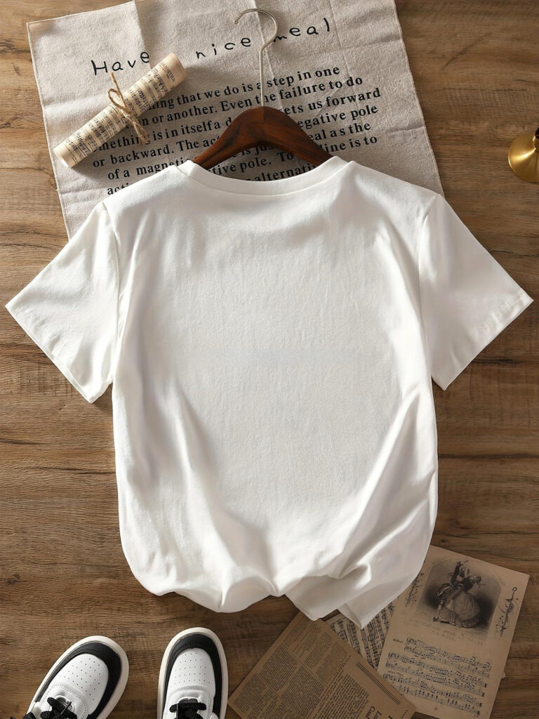 White t-shirt on wooden surface with newspapers.
