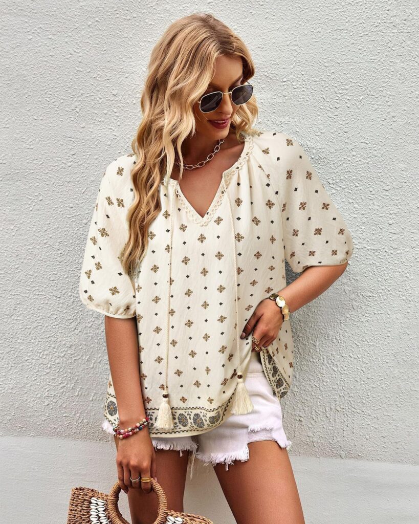 Bohemian Casual V-neck Short-sleeve Printed Blouse