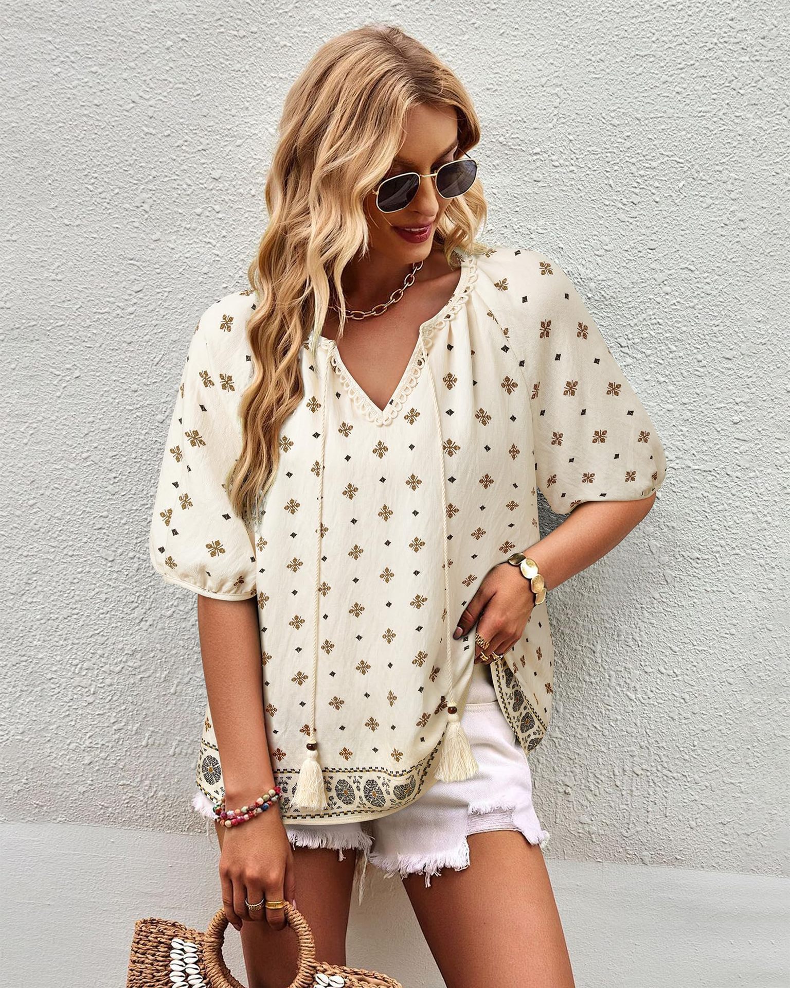 Bohemian Casual V-neck Short-sleeve Printed Blouse - Image 28
