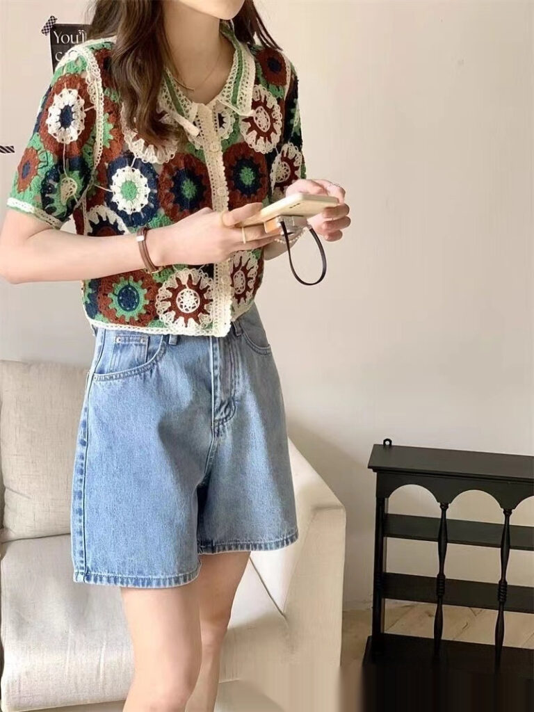 Hollow Out Embroidered Flattering Womens Top Short Sleeve Knit Sweater