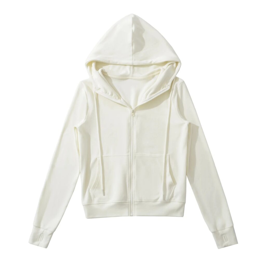 White zip-up hoodie with hood.