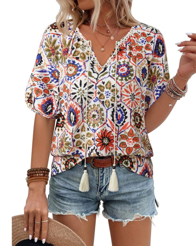 Bohemian Casual V-neck Short-sleeve Printed Blouse
