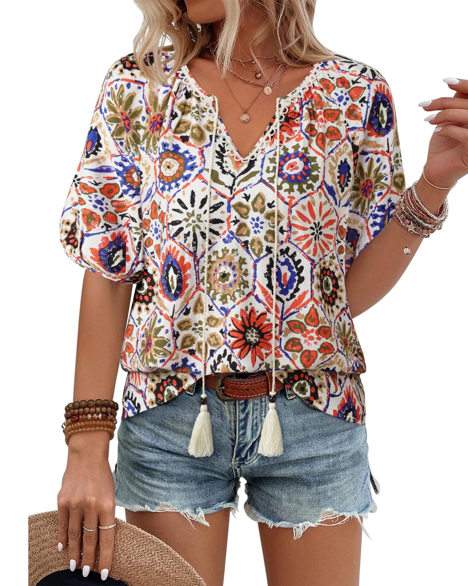 Bohemian Casual V-neck Short-sleeve Printed Blouse - Image 25