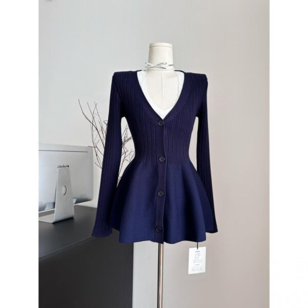 Navy Blue Waist-Cinching Low-Neck All-Match Long-Sleeve V-Neck Knitted Cardigan - Image 19