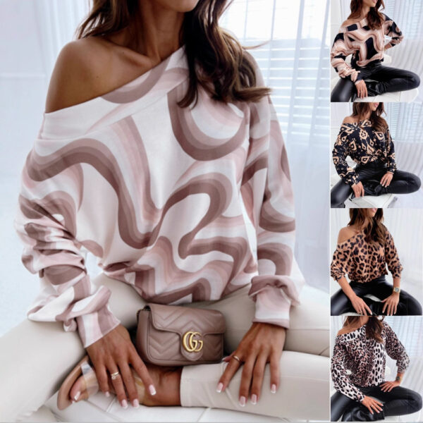 Woman modeling various patterned off-shoulder tops.