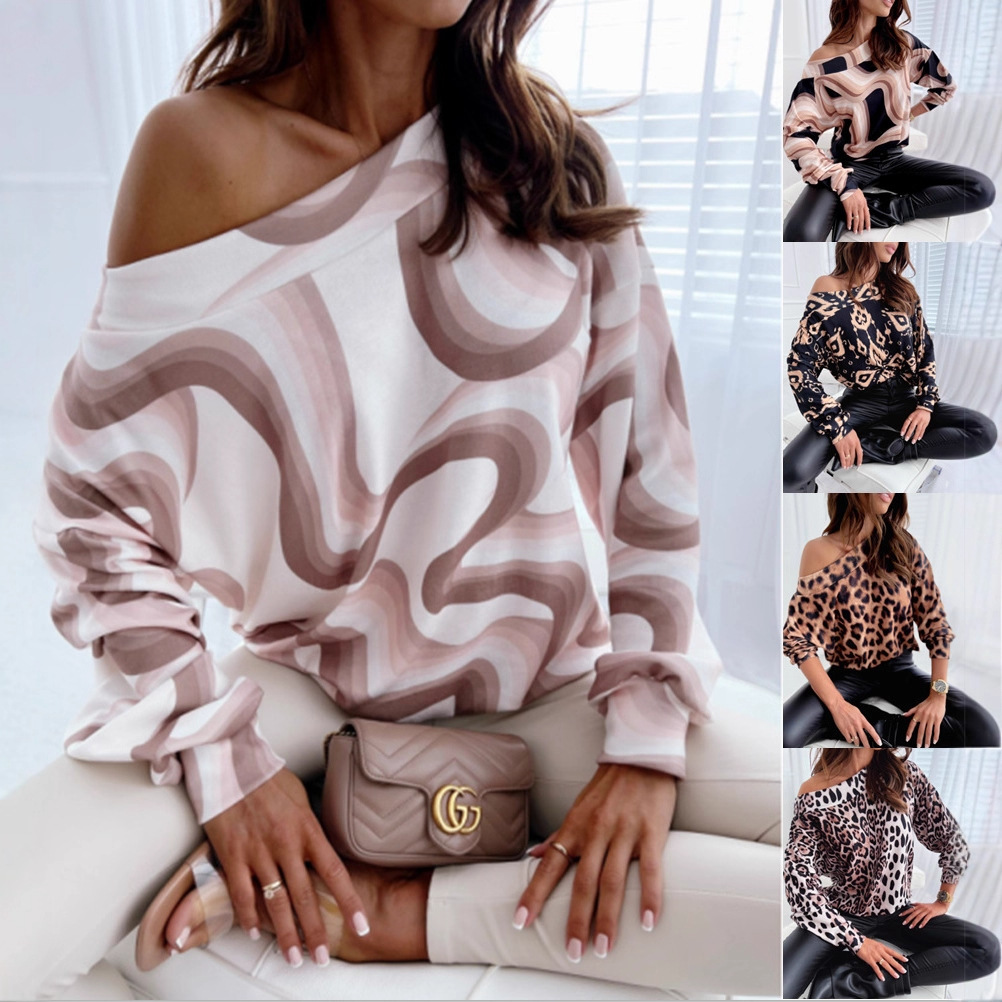 Woman modeling various patterned off-shoulder tops.