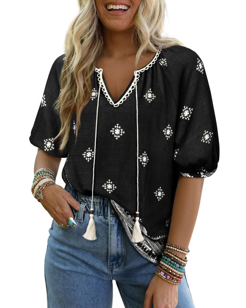 Bohemian Casual V-neck Short-sleeve Printed Blouse