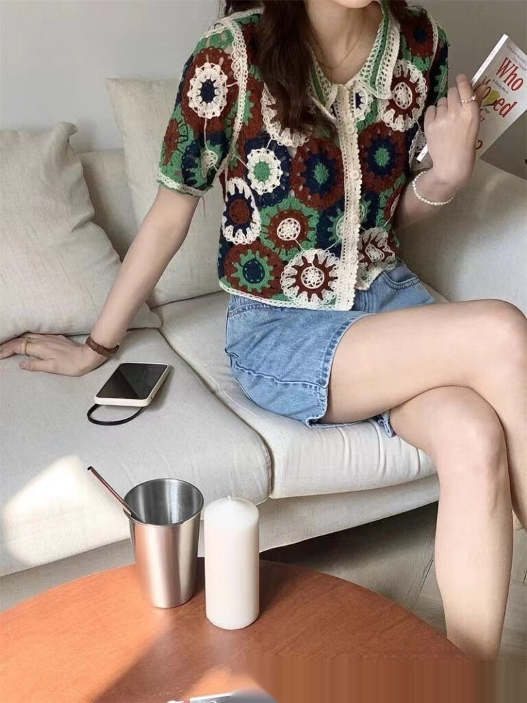 Hollow Out Embroidered Flattering Womens Top Short Sleeve Knit Sweater