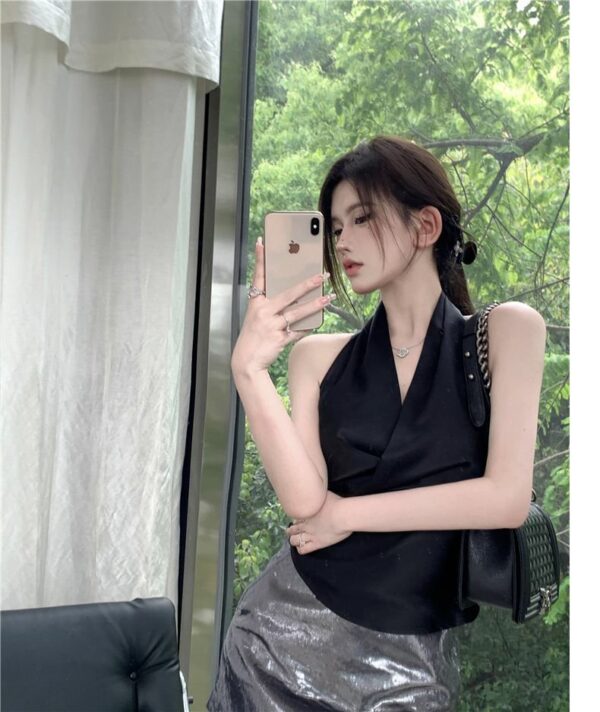 Womens Solid Color Minimalism Backless Satin Sleeveless Top - Image 9