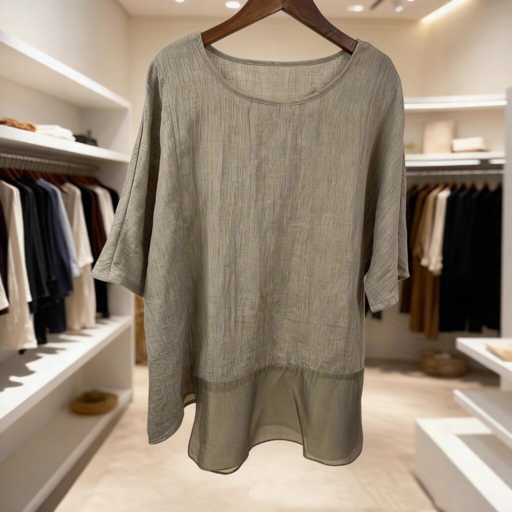 Gray tunic displayed in modern boutique.