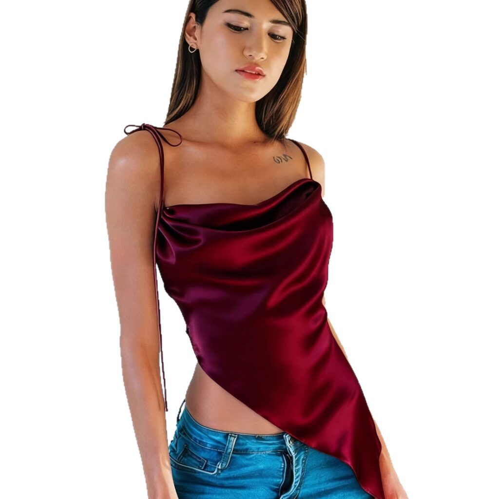 Woman wearing red asymmetrical satin top.