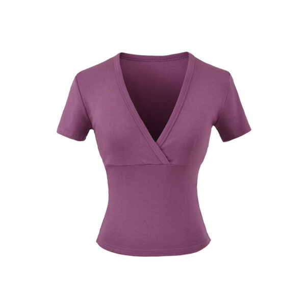 Purple V-neck short-sleeve women's top.