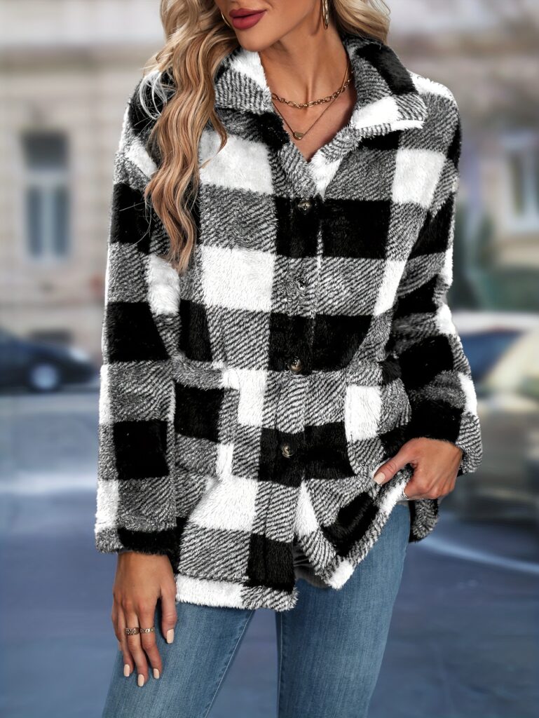 Womens European And American-style Tartan-patterned Lapel Flannel Coat