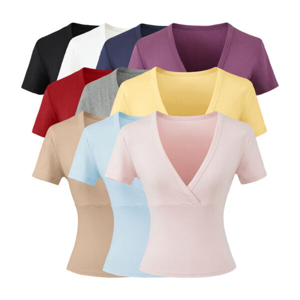 Colorful V-neck T-shirts in various shades.