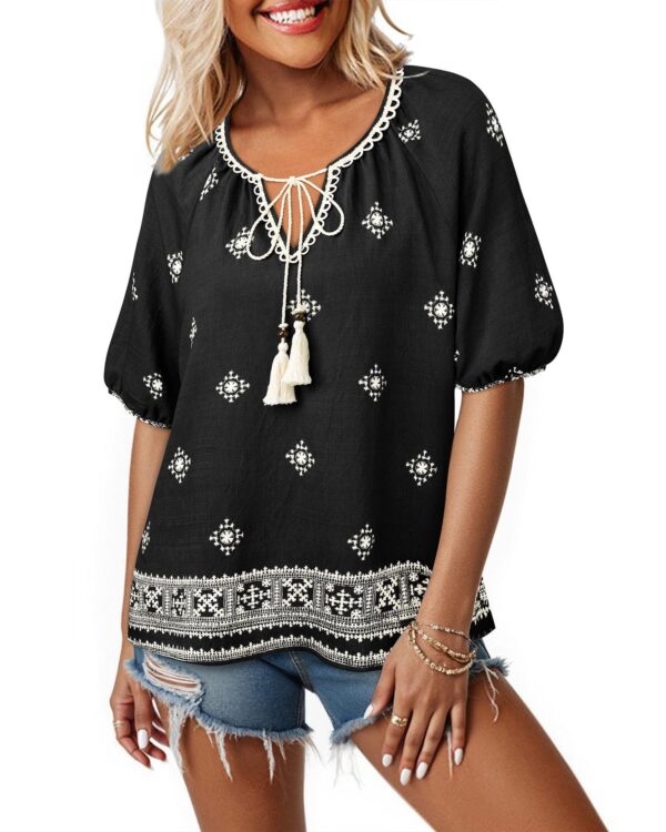 Bohemian Casual V-neck Short-sleeve Printed Blouse - Image 36