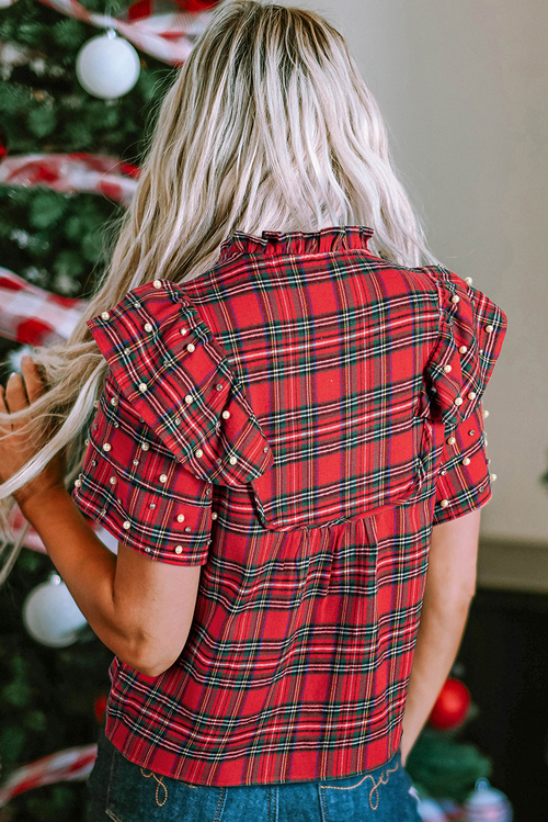Christmas Plaid Pearl Embellished Ruffle Sleeve Blouse - Image 2