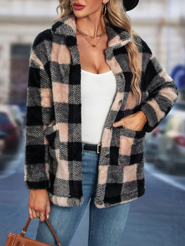 Womens European And American-style Tartan-patterned Lapel Flannel Coat