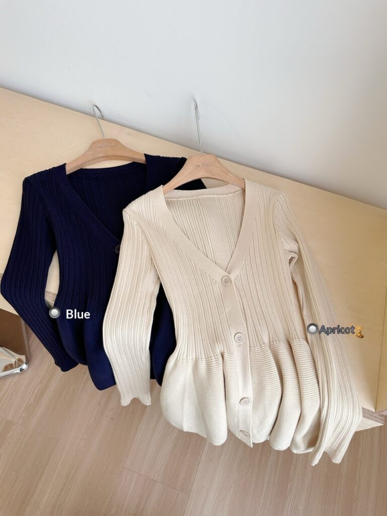 Navy Blue Waist-Cinching Low-Neck All-Match Long-Sleeve V-Neck Knitted Cardigan