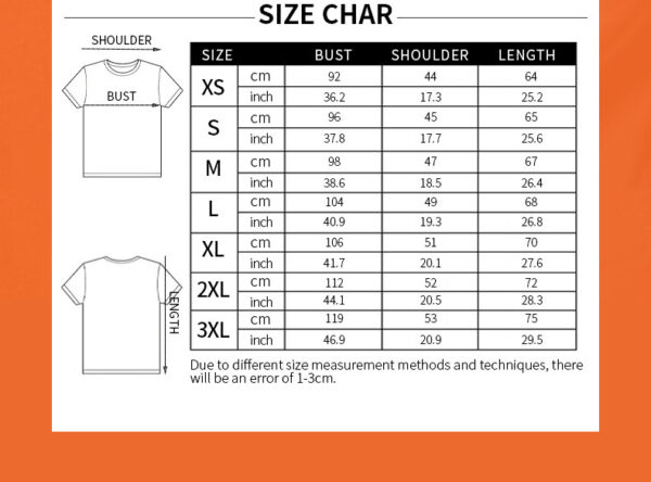 T-shirt size chart with measurements.