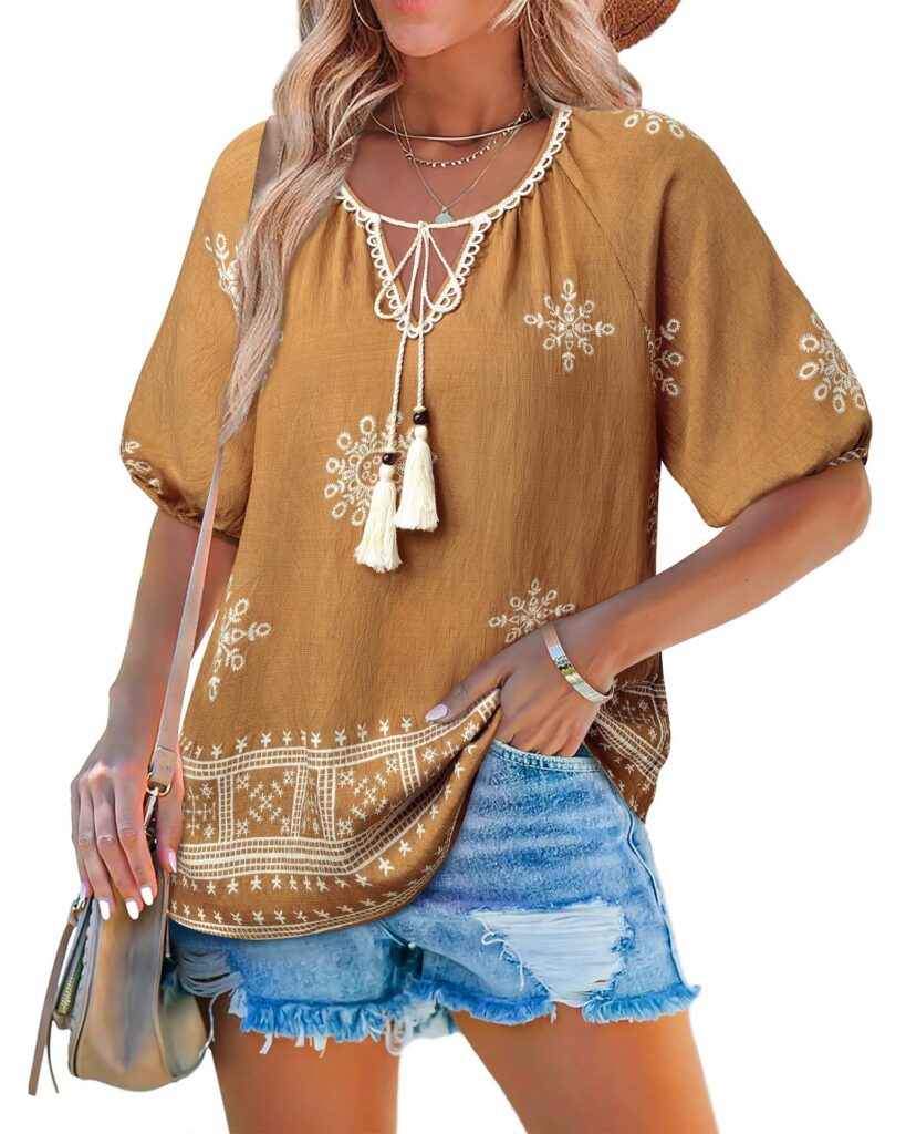 Bohemian Casual V-neck Short-sleeve Printed Blouse