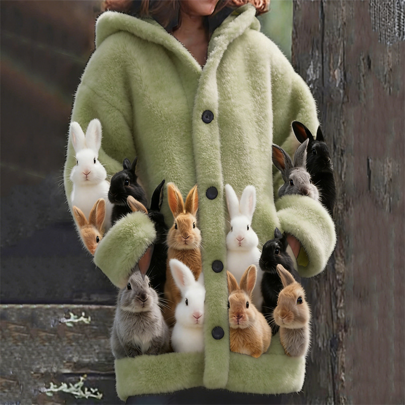 Woman wearing coat with many rabbits inside.