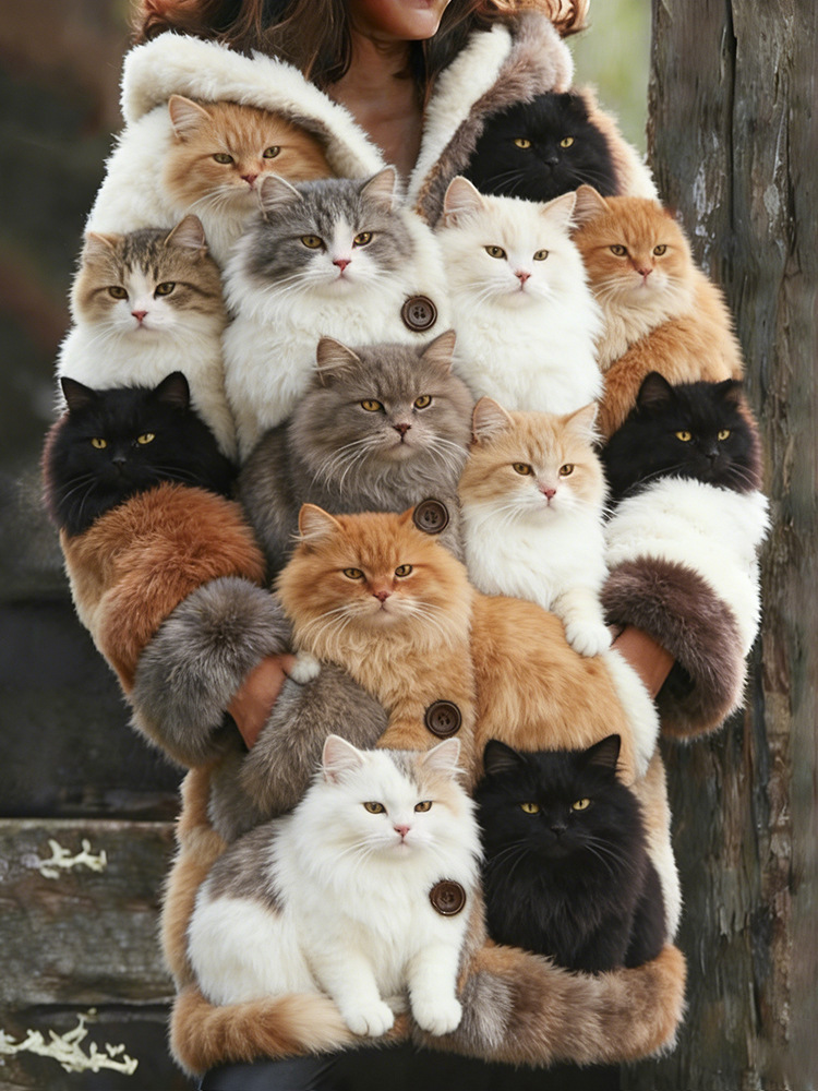 Person wearing coat made of fluffy cats.