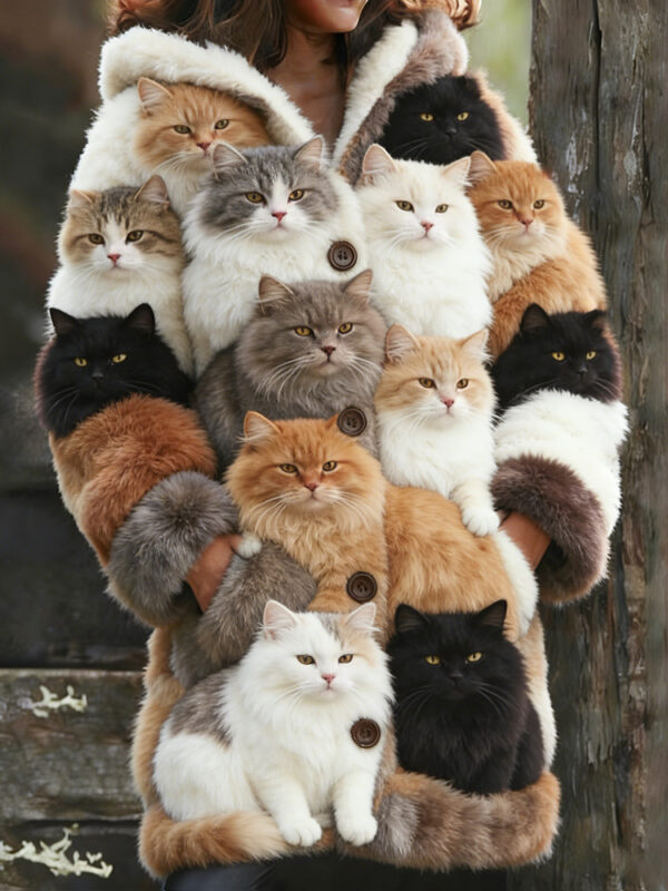 Person wearing coat made of many cats.