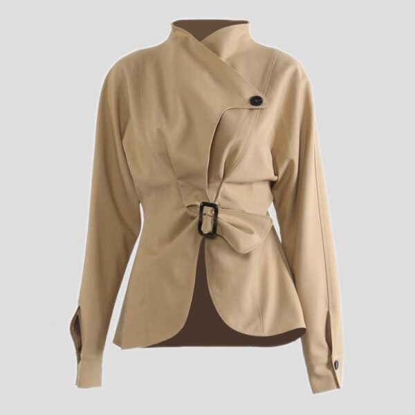 Tan asymmetrical jacket with buckle detail.