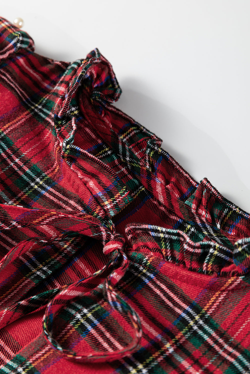 Christmas Plaid Pearl Embellished Ruffle Sleeve Blouse - Image 5