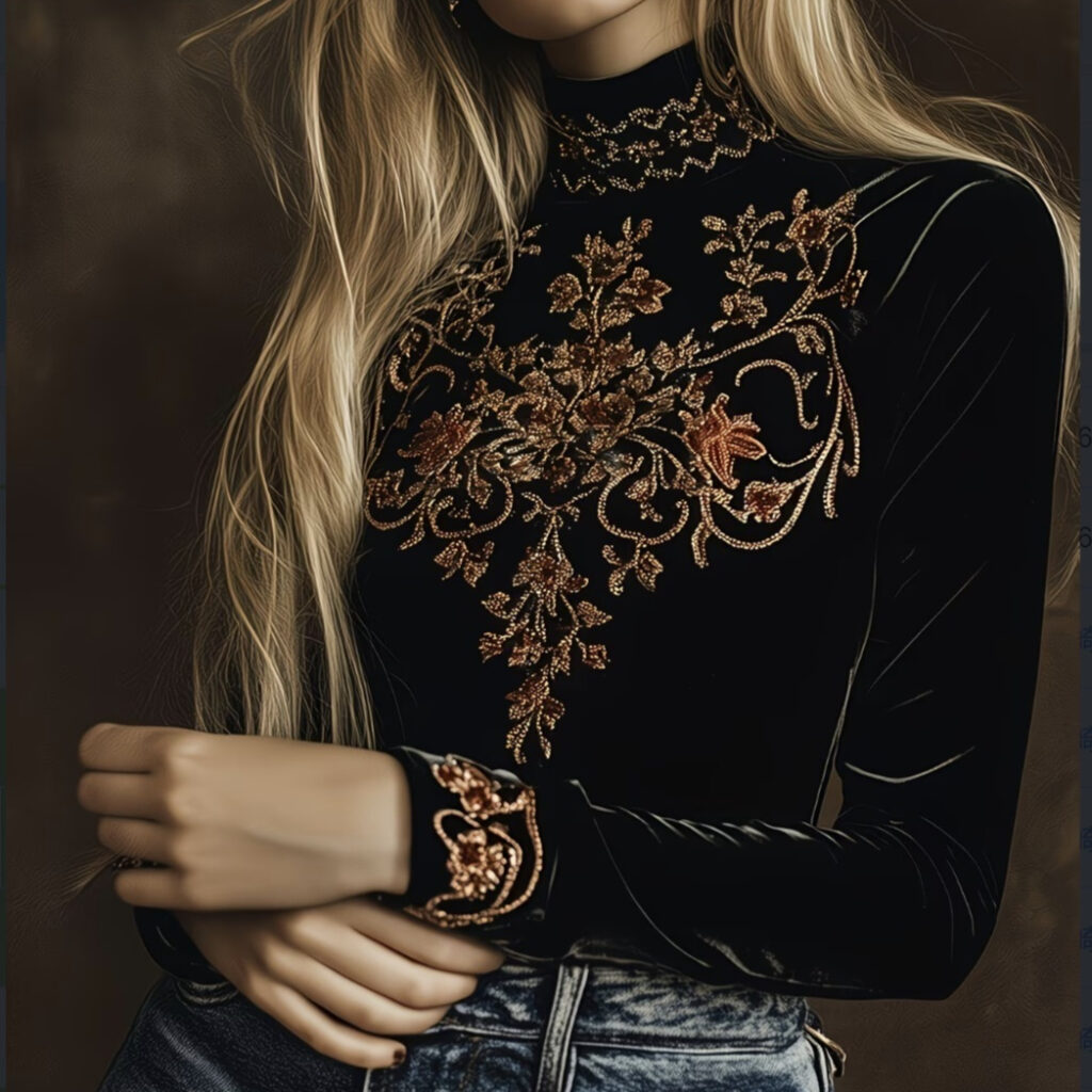 Woman in embroidered black velvet top.