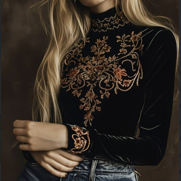 Woman in embroidered black velvet top.