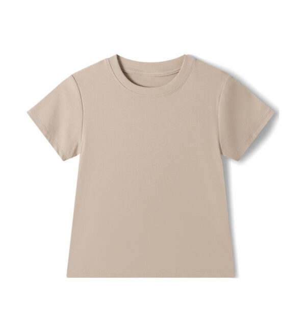 Beige short-sleeve t-shirt on white background.