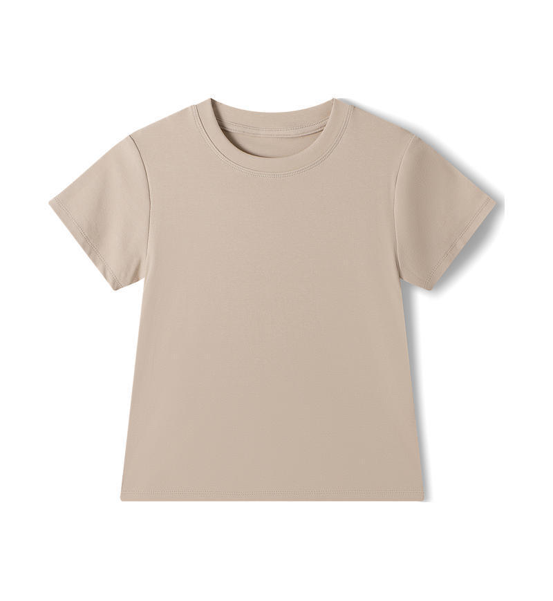 Plain beige short-sleeve T-shirt on white.