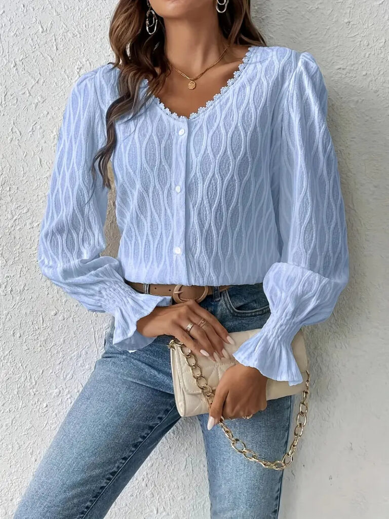 SheIn Solid-Color V-Neck Top With Flared Sleeves