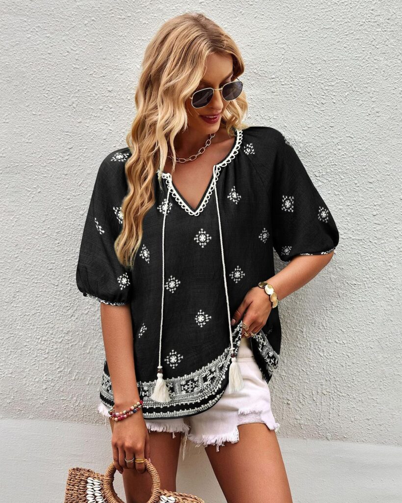 Bohemian Casual V-neck Short-sleeve Printed Blouse