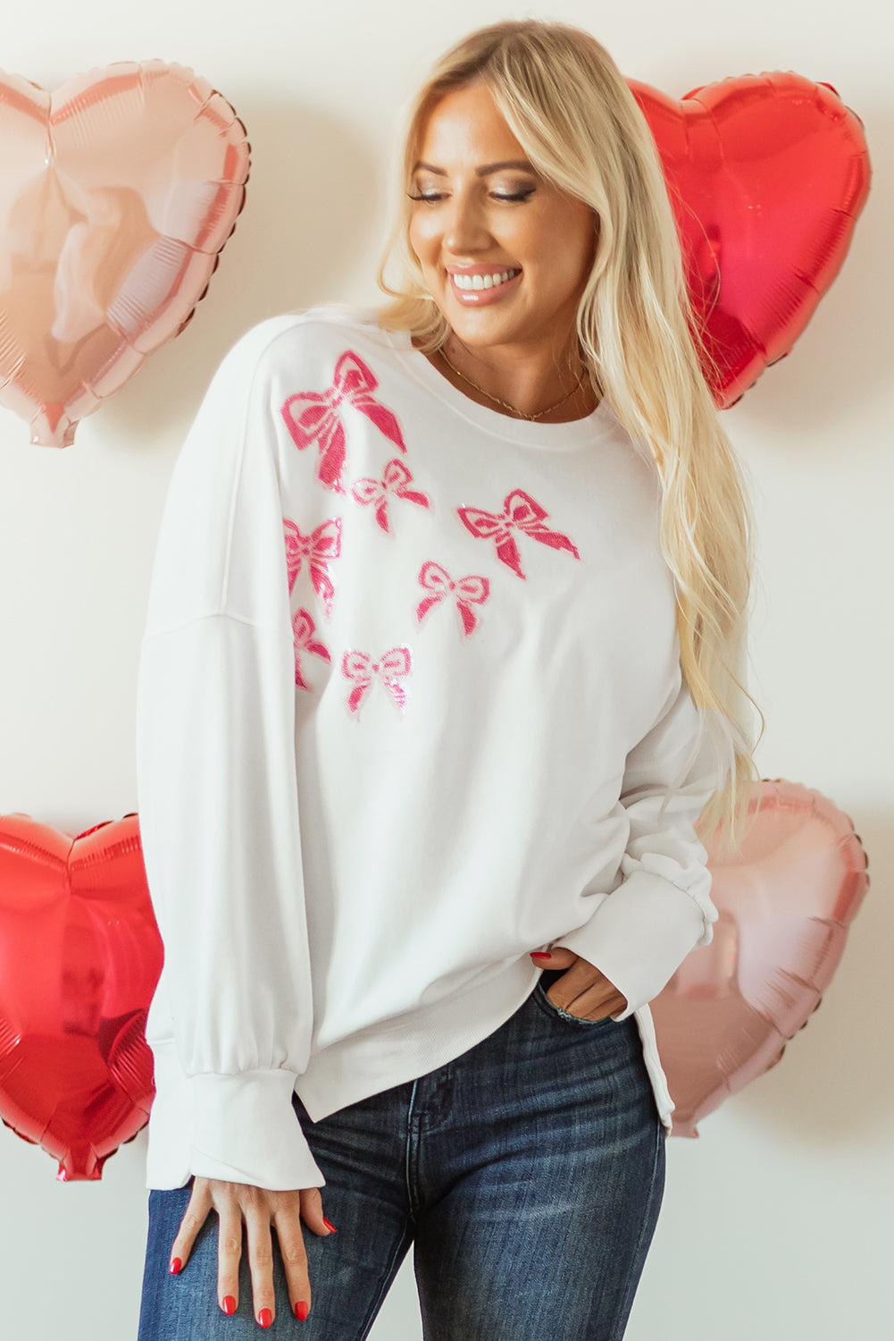Valentine Bow Sequin Long Sleeve Oversize Sweatshirt - Image 11