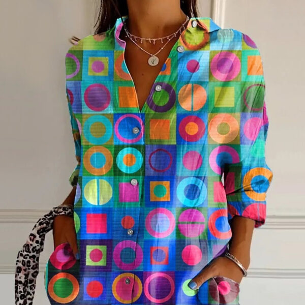 Colorful geometric patterned shirt with circles.