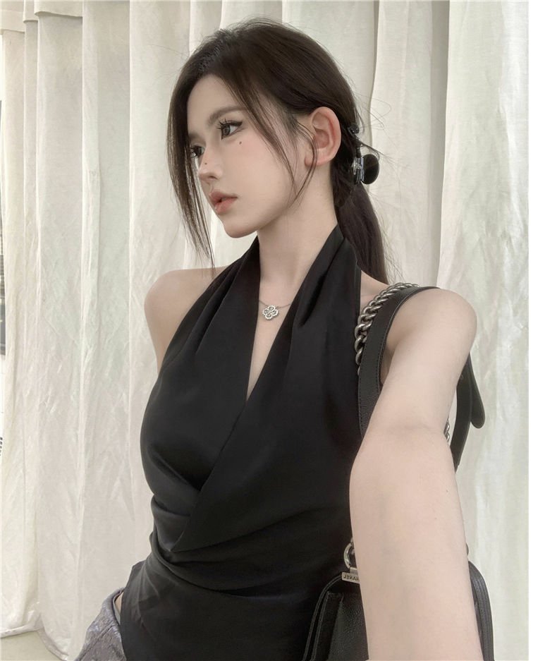 Womens Solid Color Minimalism Backless Satin Sleeveless Top - Image 8