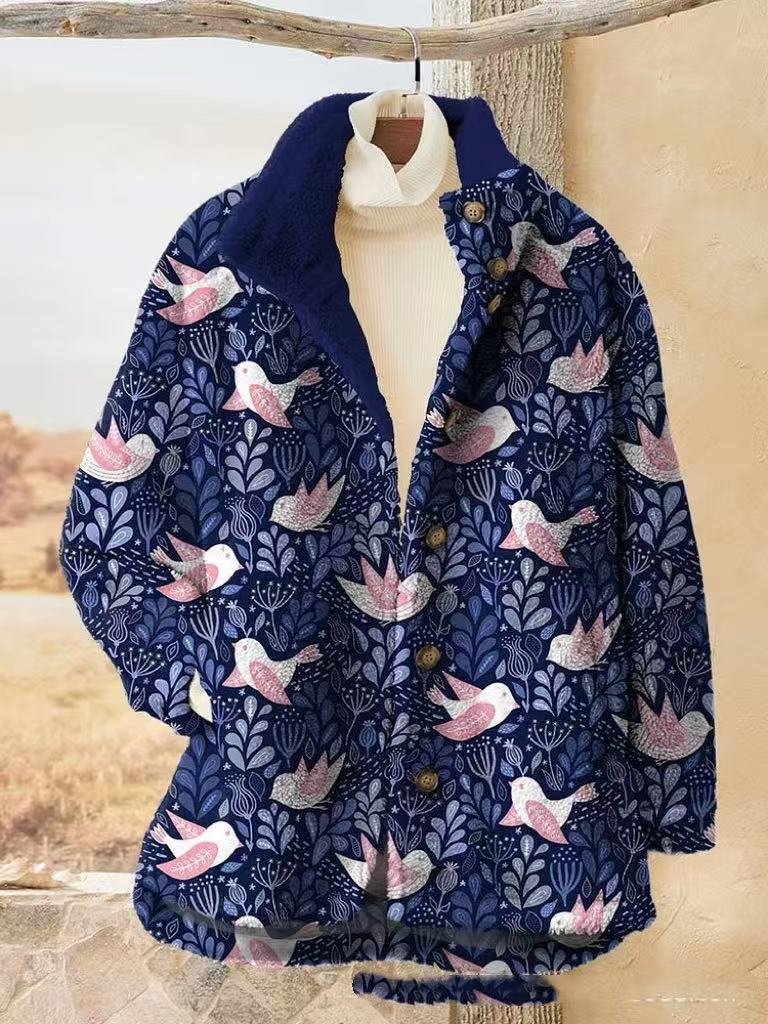 Blue jacket with pink bird pattern.