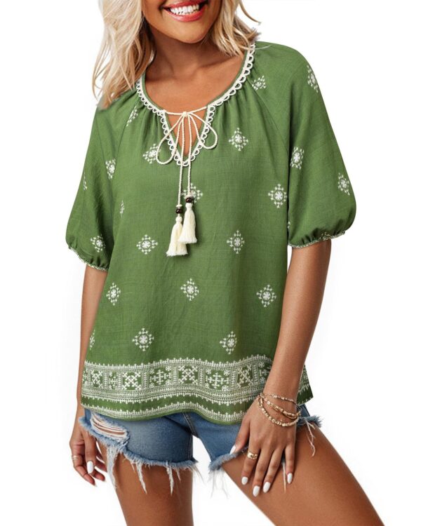 Bohemian Casual V-neck Short-sleeve Printed Blouse - Image 30