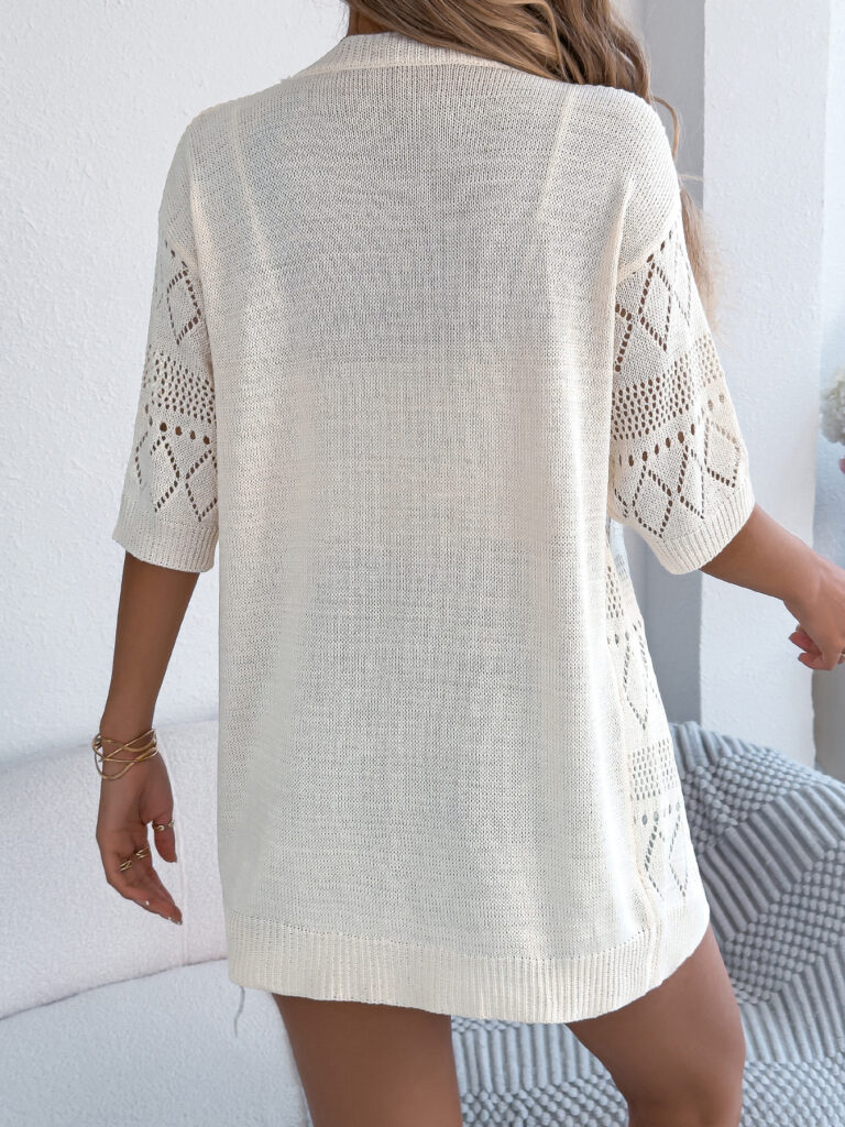 Casual Solid-Color Hollowed-Out Knitted Cardigan With Three-Quarter Sleeves For Vacation