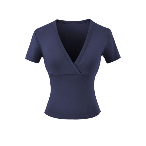 Dark blue short-sleeve V-neck top.