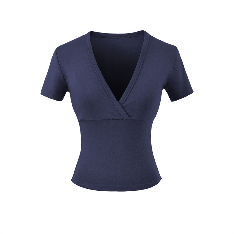 Navy blue V-neck short-sleeve top.